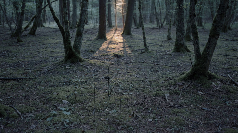 Let slow steps hold a still woodland shot