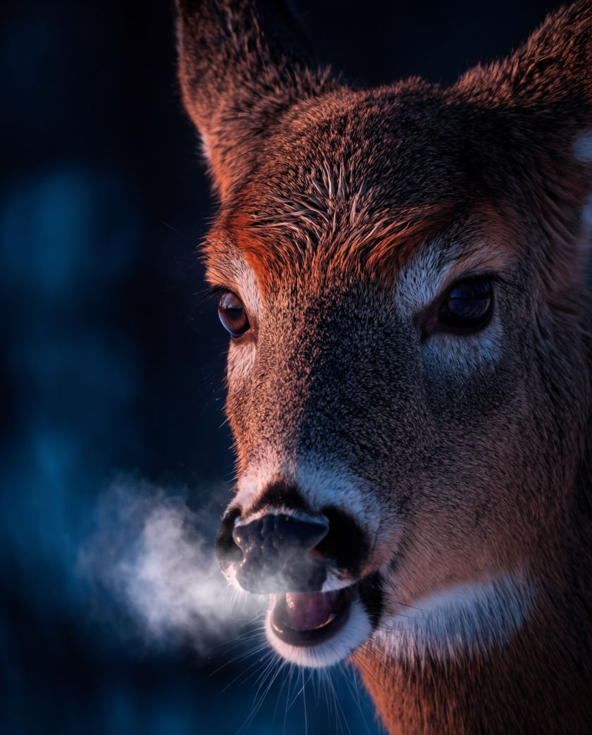 A whitetail buck head-on among bare birches, ears forward, breath fogging in cold blue light