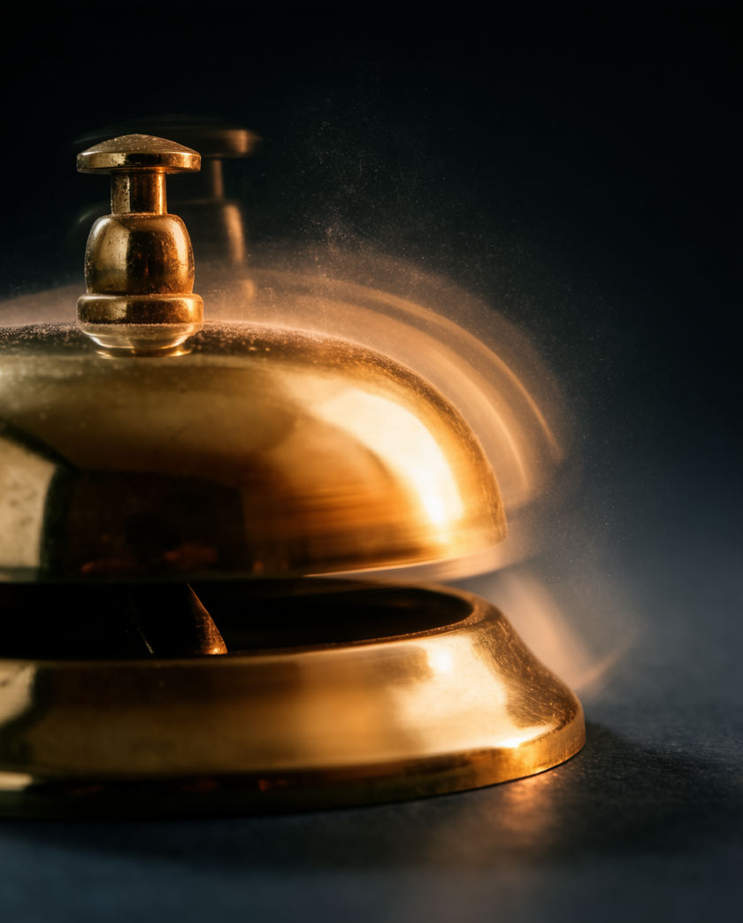 A brass service bell on a wooden counter caught the instant a hand strikes it, warm focused light