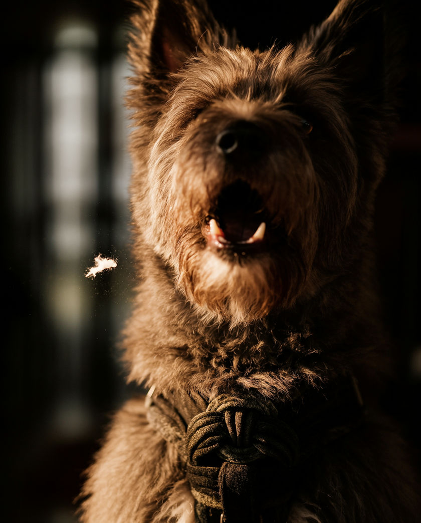 A german shepherd mid-bark in a yard, front paws off the ground, hard afternoon light behind