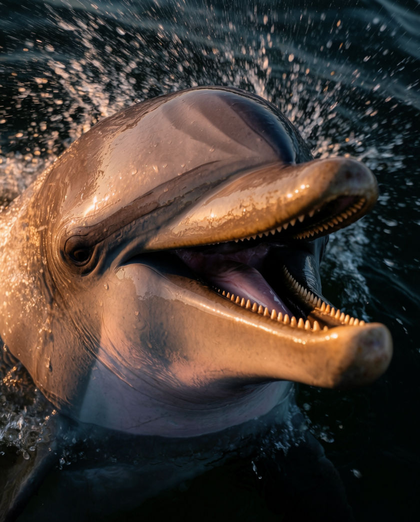 A bottlenose dolphin breaking the surface in low sun, water sheeting off its back, spray behind