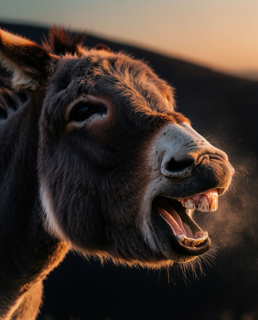 A grey donkey in profile mid-bray, head thrown up, dry stone wall and hard sun behind
