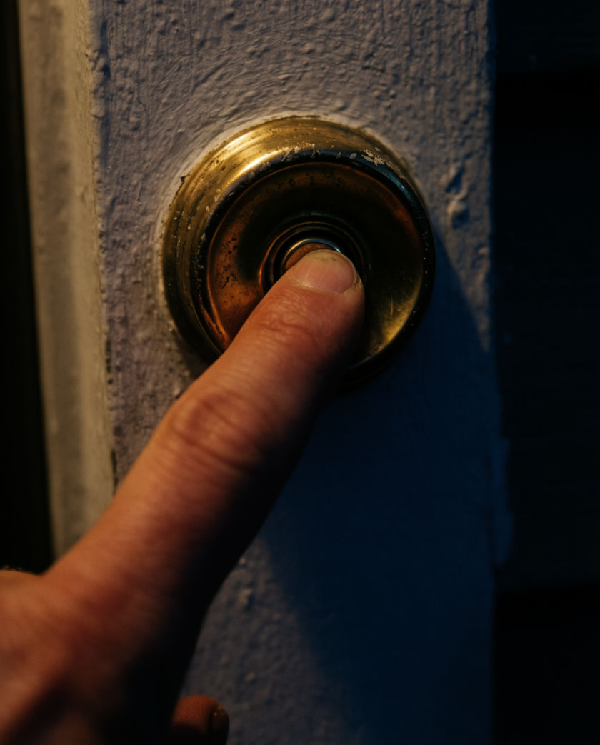 A worn brass doorbell button on a painted front door, thumb about to press, low sun across the grain
