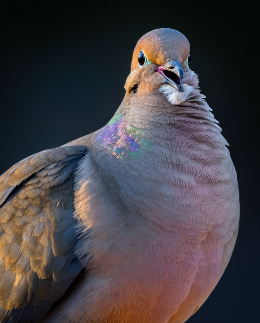 A mourning dove on a wire in warm evening light, throat puffed mid-coo, soft blurred background