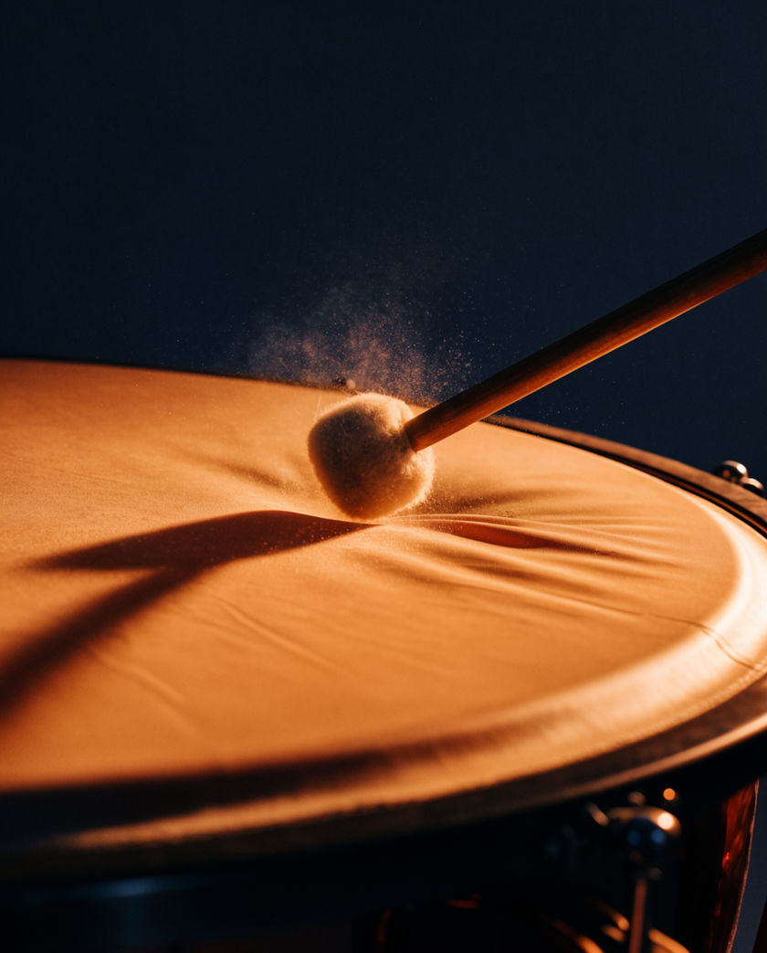 Timpani and low brass in a darkened orchestra pit, one shaft of light across the drum heads