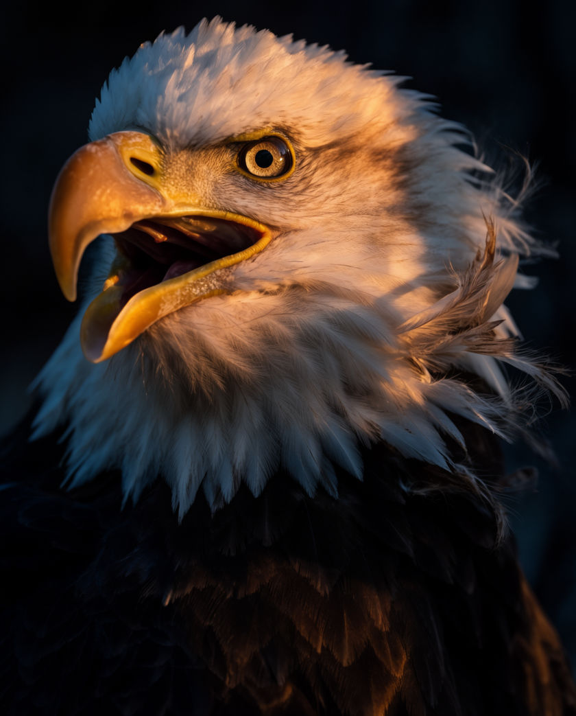 A bald eagle banking hard against a bright sky, head turned, wings fully extended
