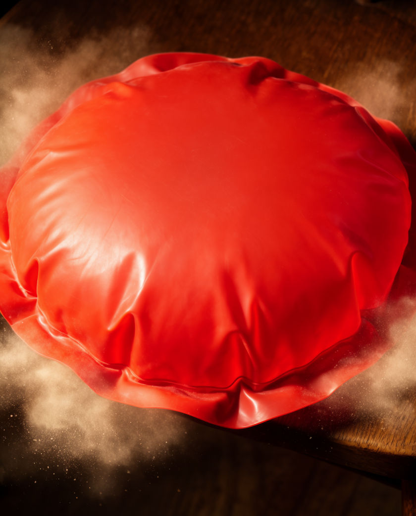 A single red whoopee cushion mid-deflation on a wooden chair, lit hard from one side
