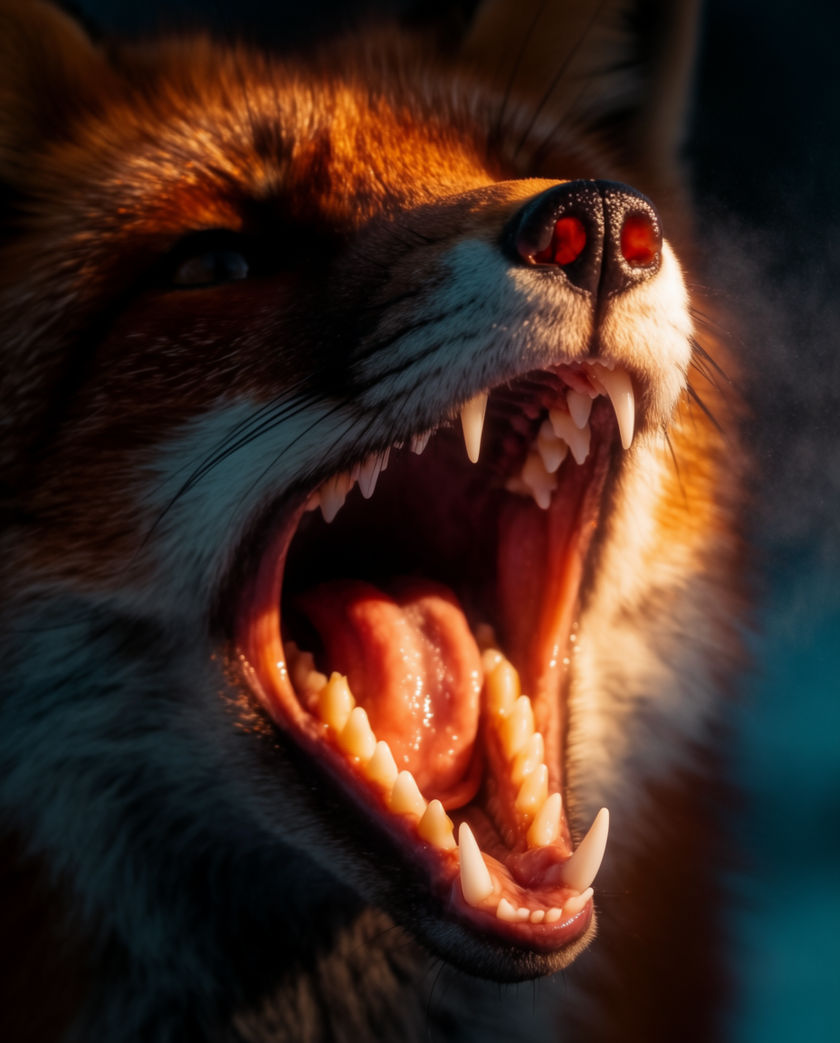 A red fox low in frost-covered grass, mouth open mid-call, lit warm from one side against a cold blue field