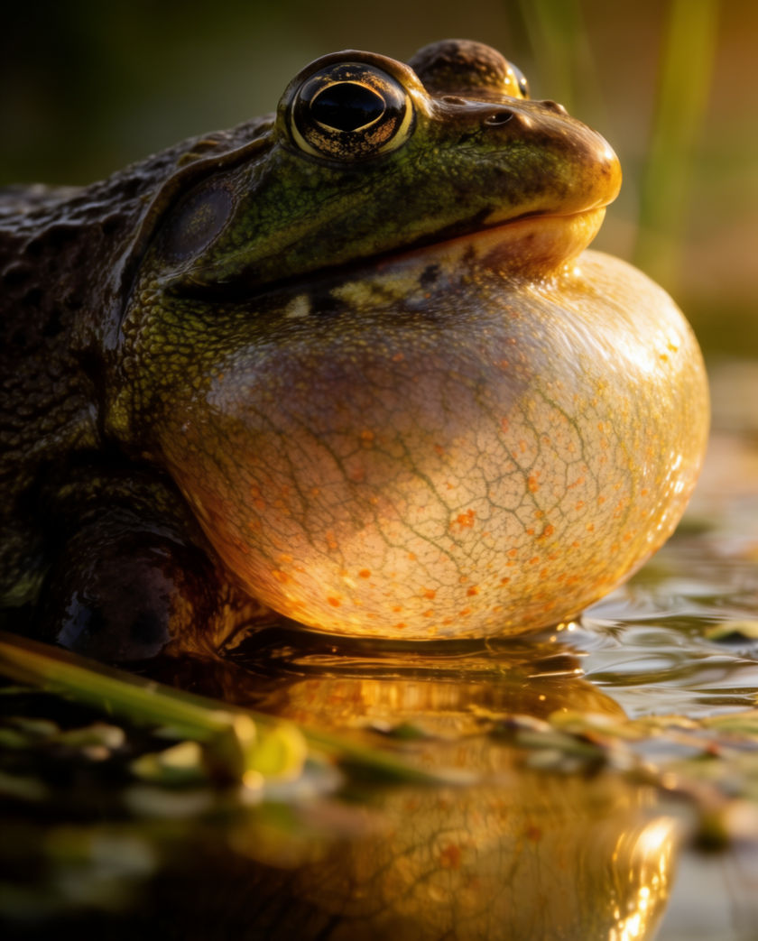 A green bullfrog half out of dark water, throat sac inflated mid-croak, warm low light on wet skin