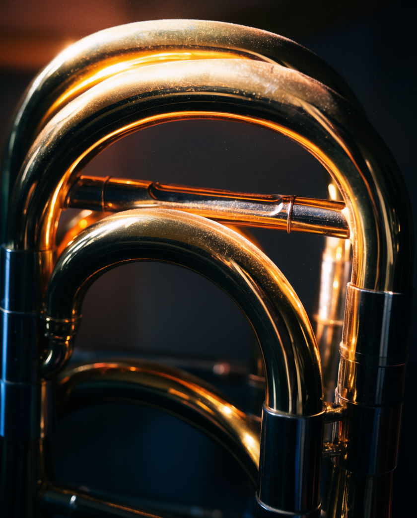A brass trombone bell and a red slide whistle side by side on a bright yellow surface, hard shadow