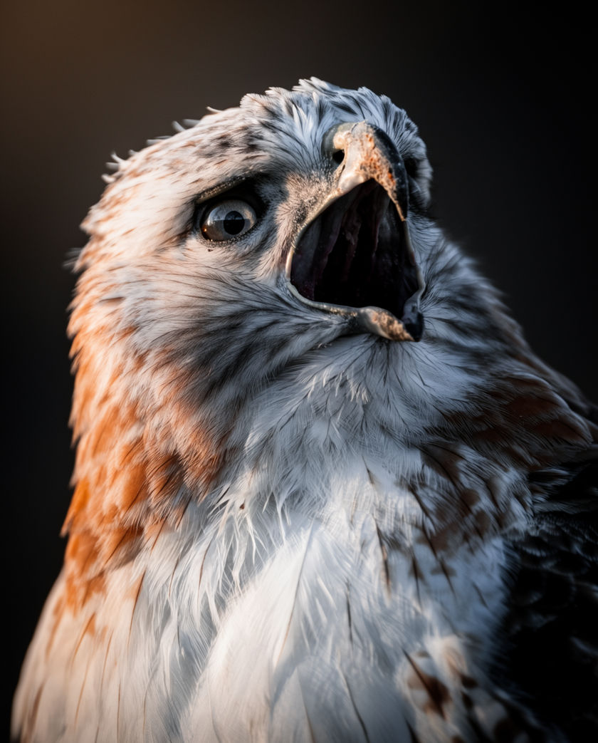 A red-tailed hawk on a fence post turned into the wind, beak open mid-call, dry gold field behind