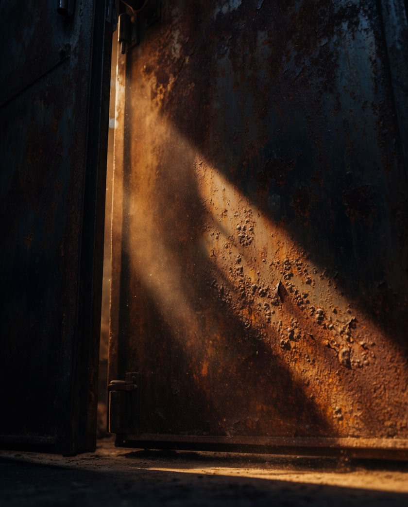 A doorway at the end of a dark corridor with one thin line of light beneath it