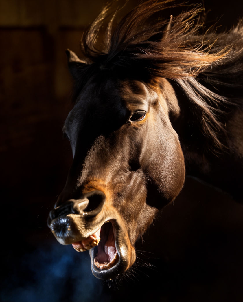A chestnut horse tossing its head mid-whinny, dust rising, low sun raking across its neck