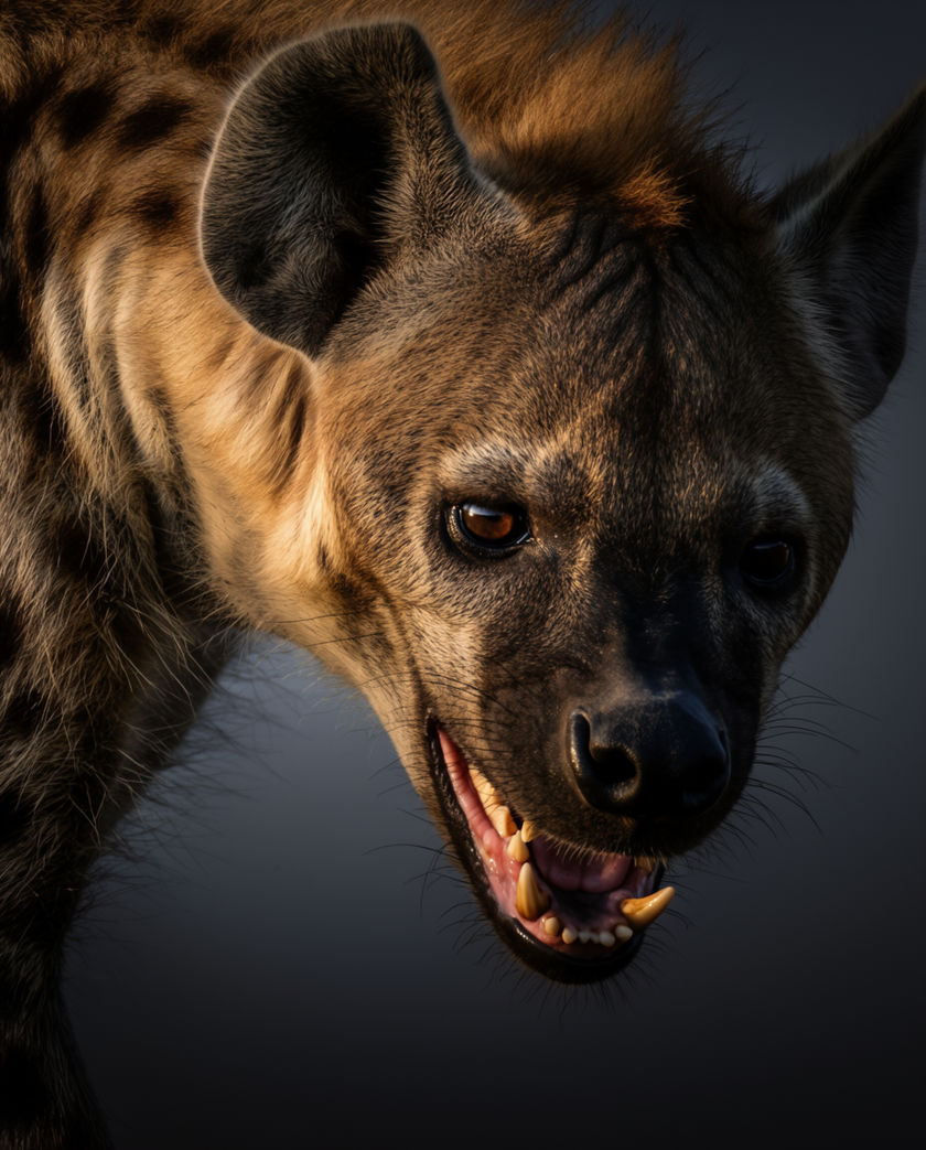 A spotted hyena low to the ground in dusty gold light, head raised, mouth open mid-call