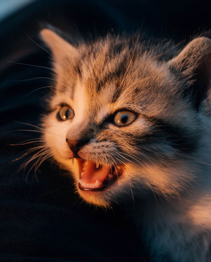 A tabby kitten on a soft blanket looking up, mouth open mid-mew, warm window light behind it
