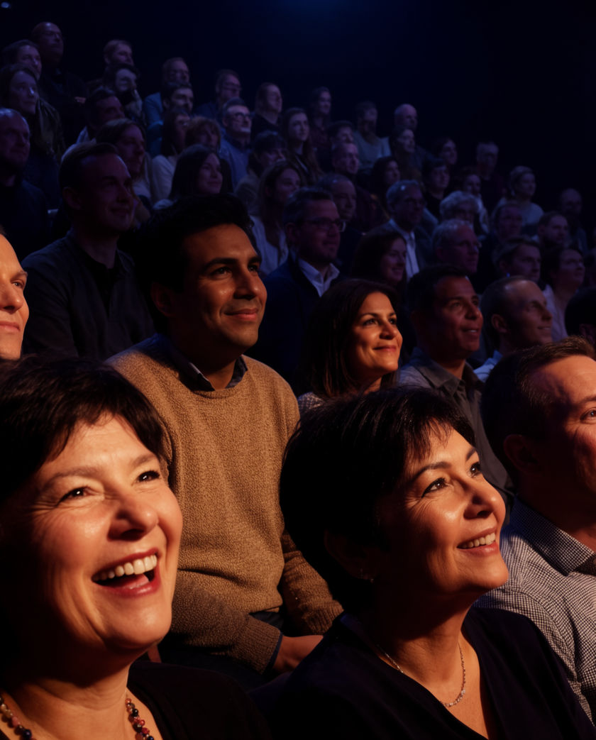 Empty tiered studio audience seating under flat television lighting, no people in frame
