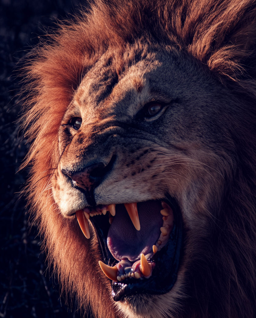 A male lion in profile mid-roar at dusk, mane backlit, breath visible in the cool air