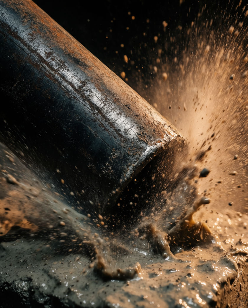 A length of steel pipe striking a concrete floor, dust kicking up around the impact, hard raking light