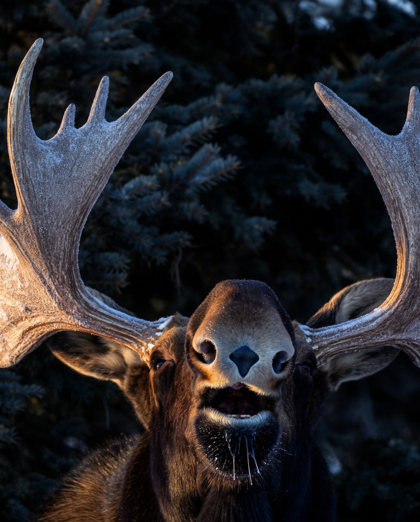 A bull moose in shallow water at dawn, antlers wide, breath steaming, mist across the far bank