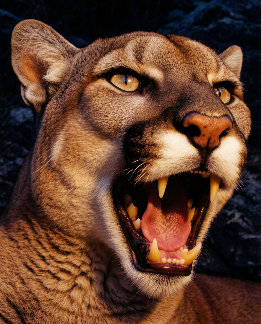 A cougar low on a rock ledge in dawn light, tail curled, head turned toward the lens