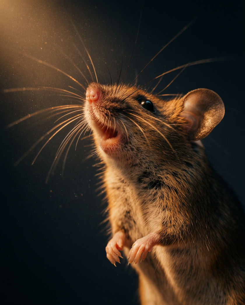 A house mouse on bare floorboards lit from one side, whiskers forward, tail curled behind