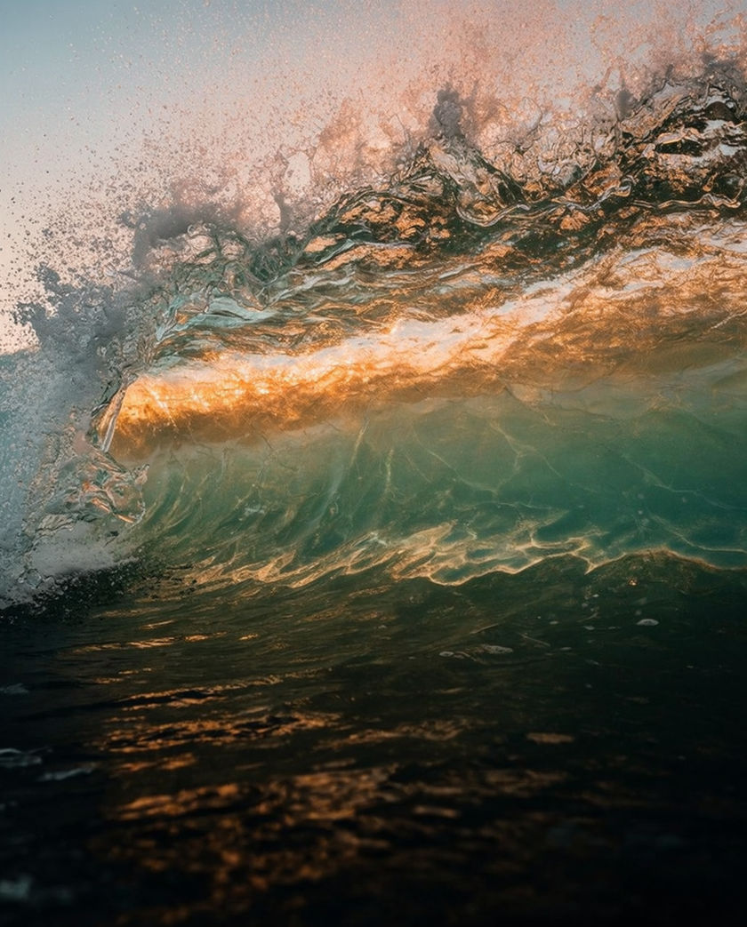 A wave curling and breaking in low sun, spray blown back off the crest