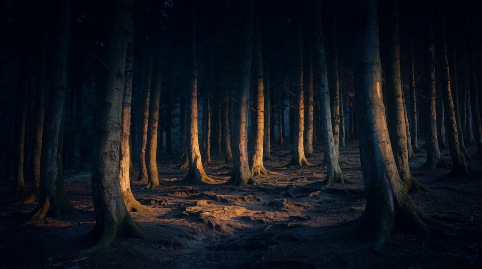 Put a scene deep in the woods after dark