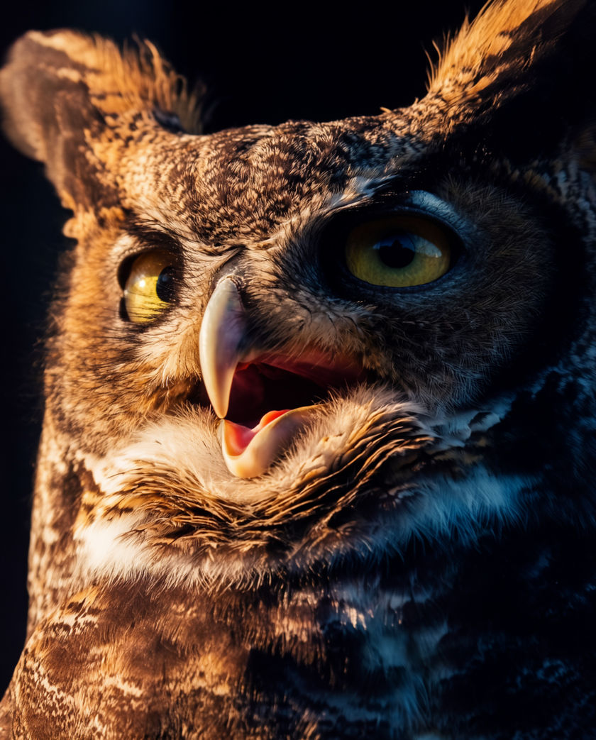 A tawny owl on a bare branch turned toward the lens, beak parted mid-call, cool moonlight from behind