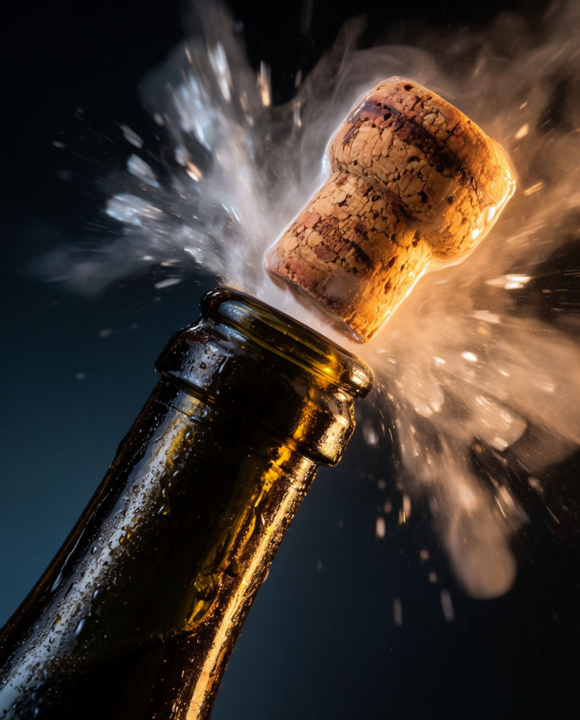 A cork caught mid-flight above a bottle neck, a burst of vapour behind it, dark ground