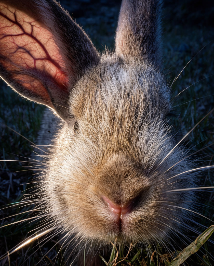 A wild rabbit sitting upright in long grass at dusk, ears high, alert toward the lens