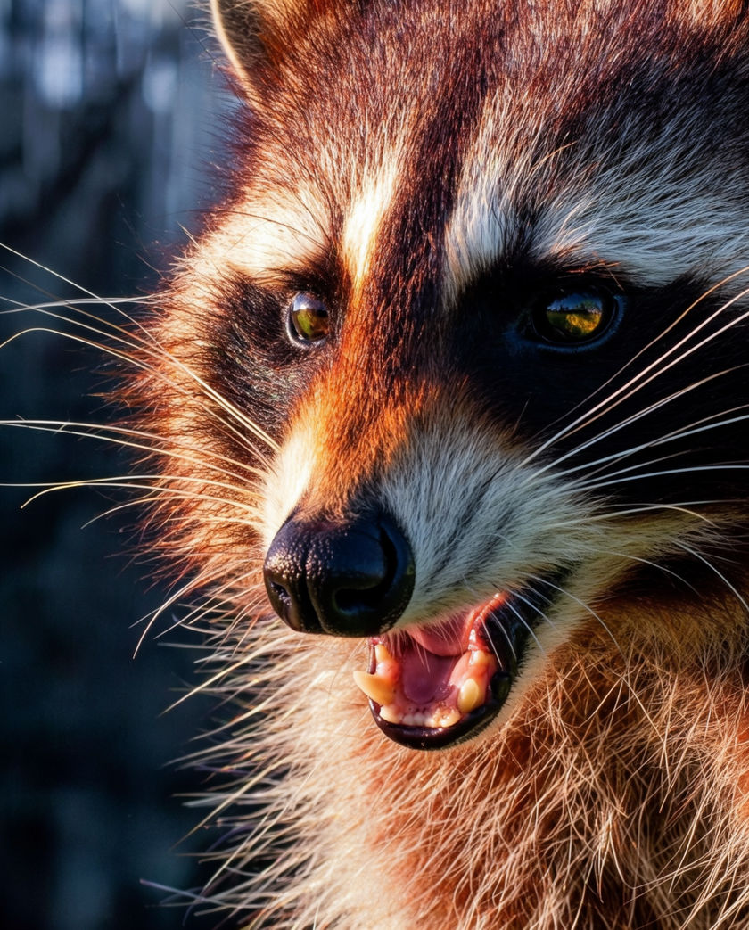 A raccoon on a fence rail at night lit by a porch bulb, hands raised, eyes catching the light
