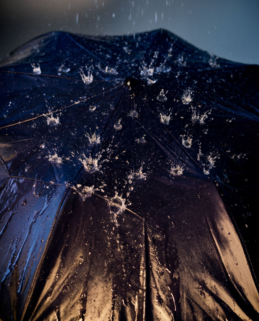 Rain striking a wet umbrella canopy, backlit so each drop catches the light