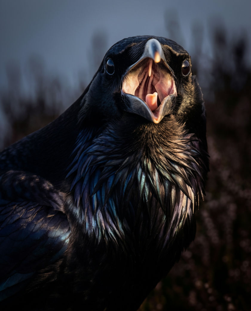 A raven on a stone wall against fog, feathers ragged, beak open on a low croak