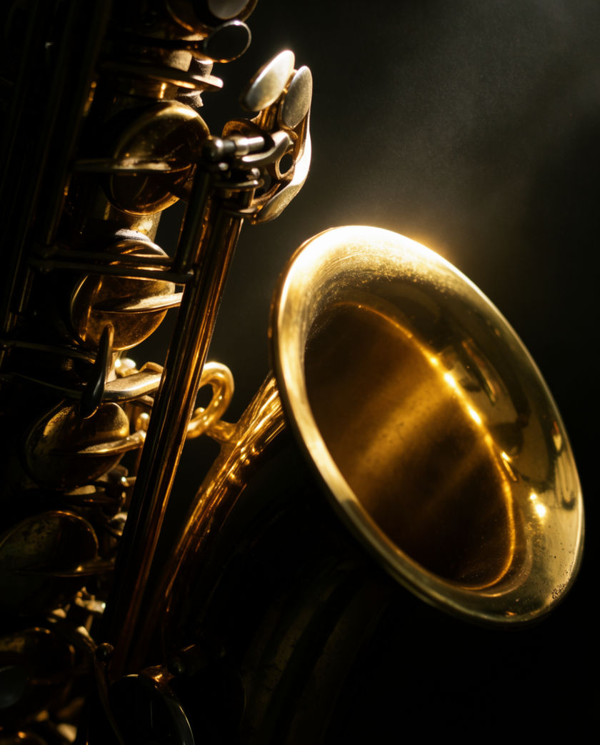 A brass saxophone bell in deep magenta light, everything else falling into black