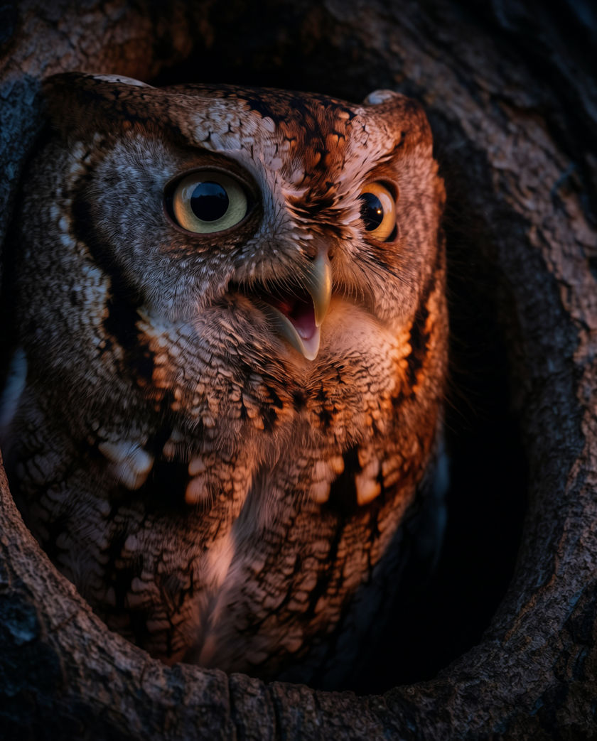 An eastern screech owl in a tree hollow, ear tufts flat, bark-coloured feathers blending into the trunk