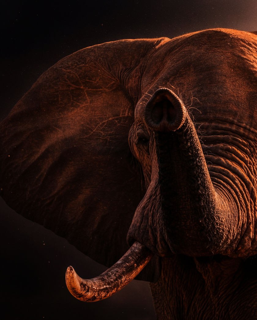 An elephant head-on with trunk raised mid-trumpet, dust in the air, hard low sun behind it