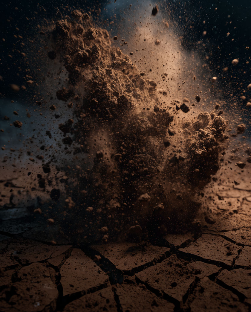 A ground impact throwing a plume of earth and debris out of cracked dry ground, open sky above