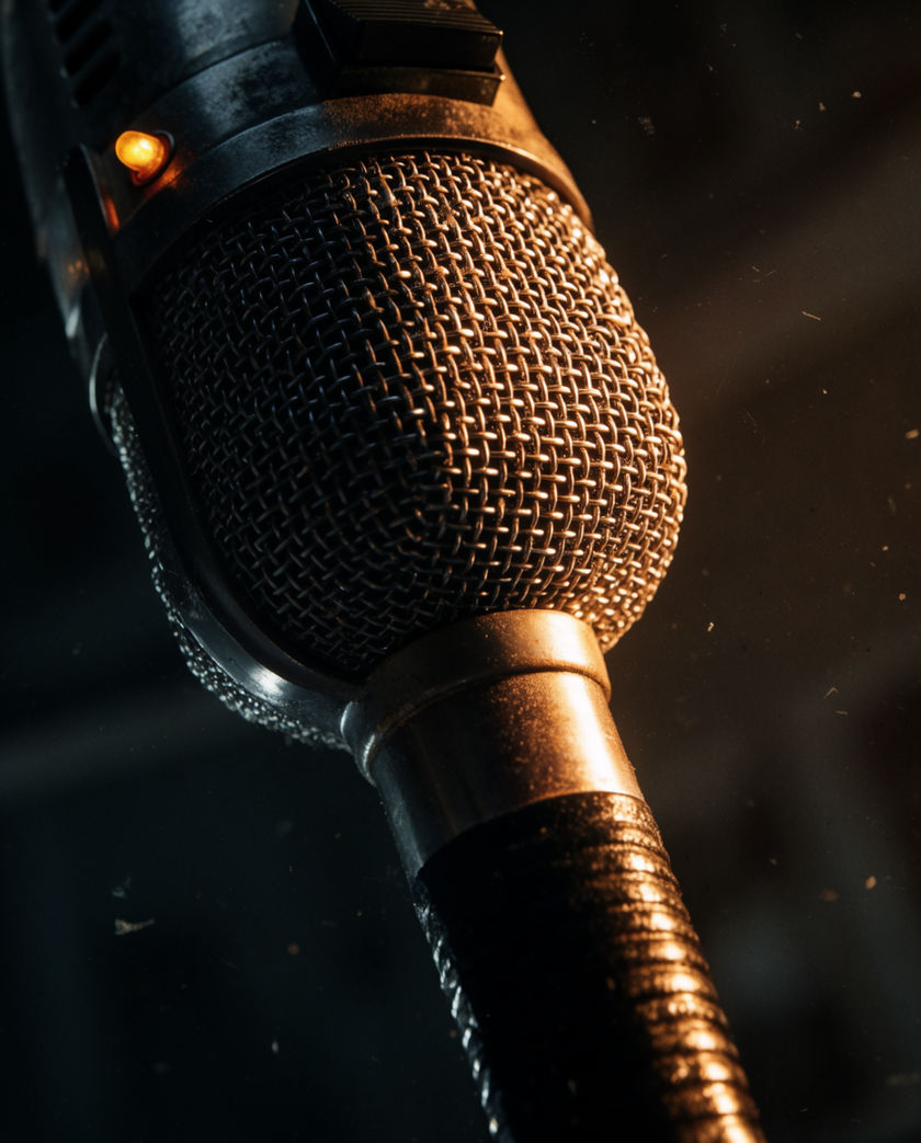 A studio microphone in hard magenta light, foam windshield filling the frame from a low angle