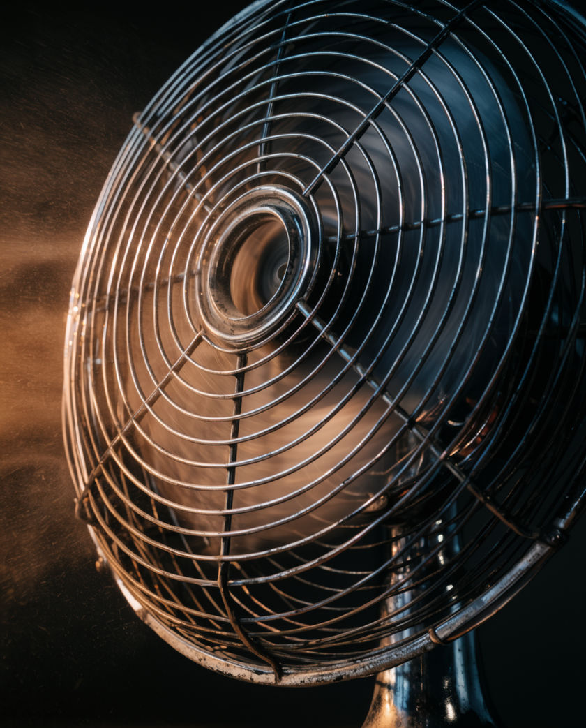 A metal desk fan cage in low warm light, blades blurred behind the grille