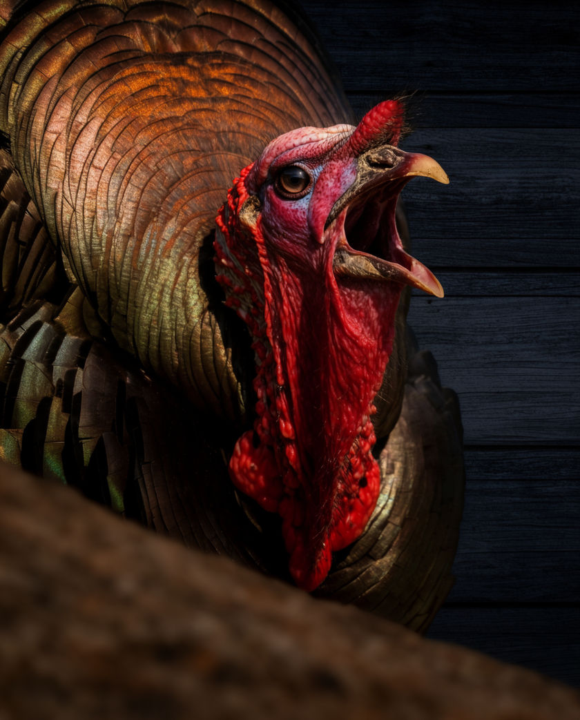 A wild tom turkey in full display, tail fanned, caught mid-gobble in low autumn light