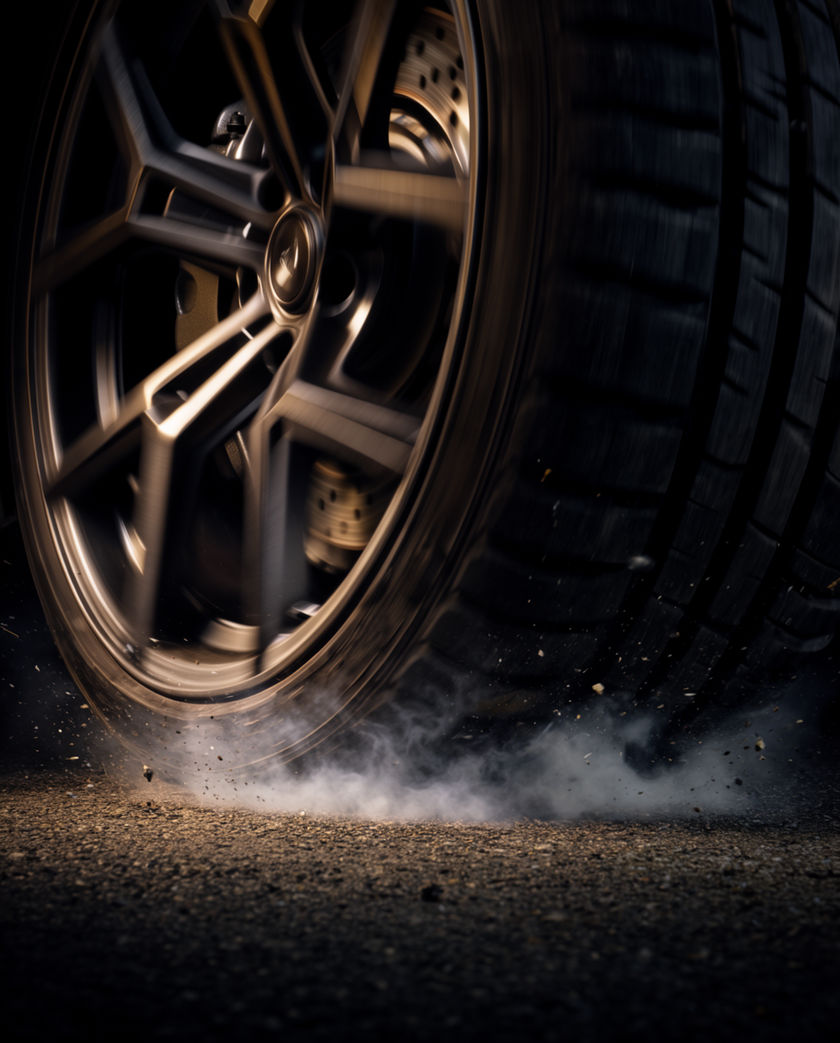 A car front three-quarters at speed on wet tarmac, headlights flaring, spray kicking off the tyres