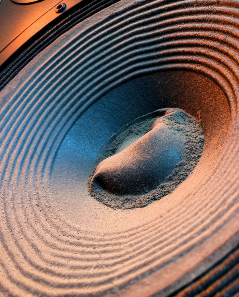 A dark speaker cone pushed forward mid-throw, dust lifting off the surround in one hard beam of light