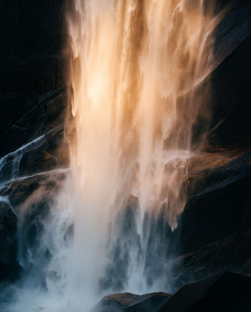 Water pouring over a dark rock lip into spray, low sun cutting through the mist below
