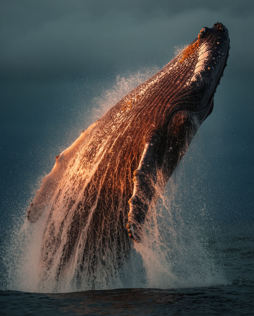 A humpback tail sliding under dark water in low light, spray coming off the fluke