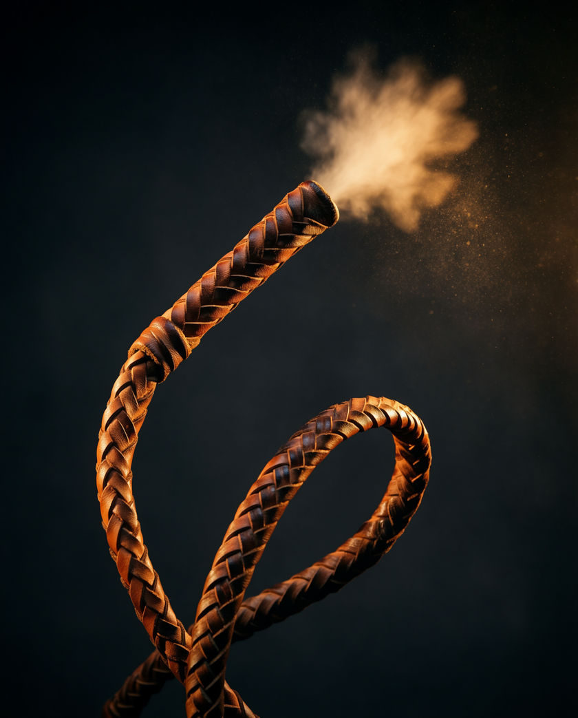 A leather bullwhip mid-crack against a dark ground, dust bursting off the tip