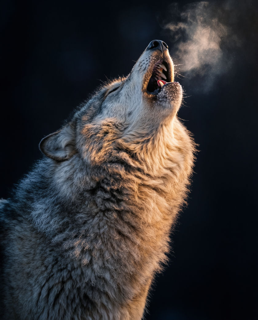 A grey wolf on a snow ridge at dusk, head thrown back mid-howl, breath clouding in cold blue light