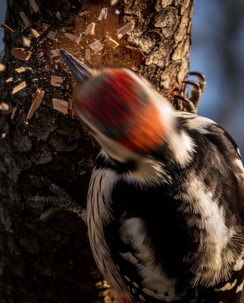 A great spotted woodpecker gripping bark mid-strike, head blurred, dappled forest light behind