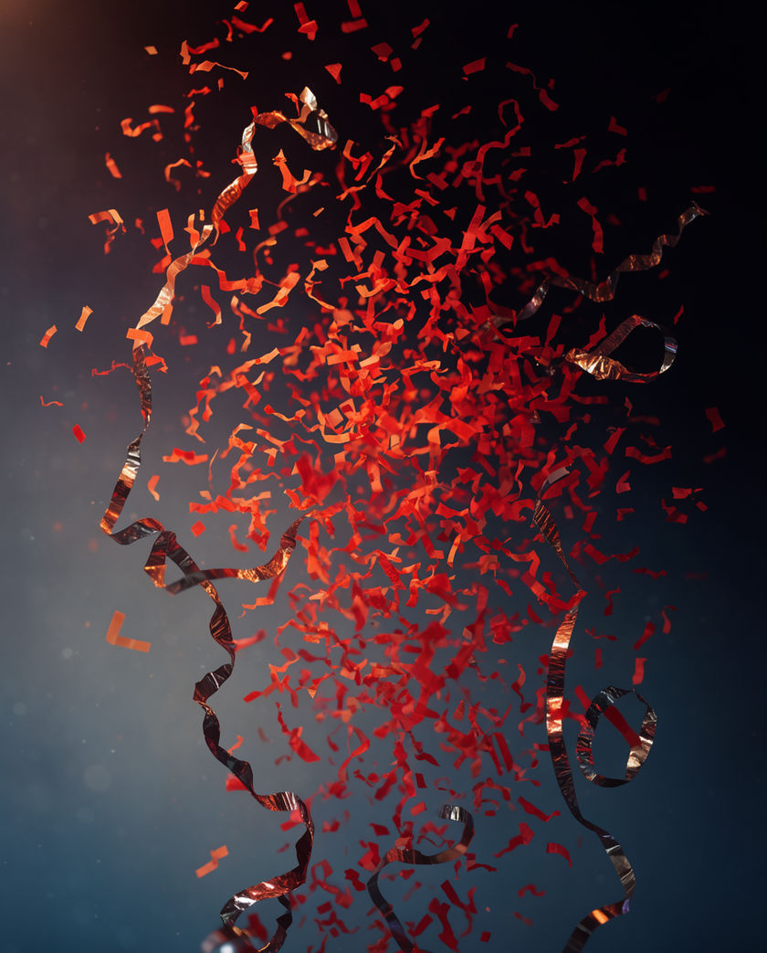 A single paper party streamer caught mid-air against a flat pink ground, hard shadow