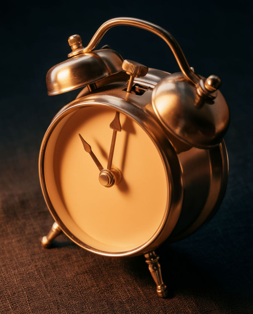 A twin-bell wind-up alarm clock on a dark nightstand under warm low side light, hammer caught mid-strike between the two bells