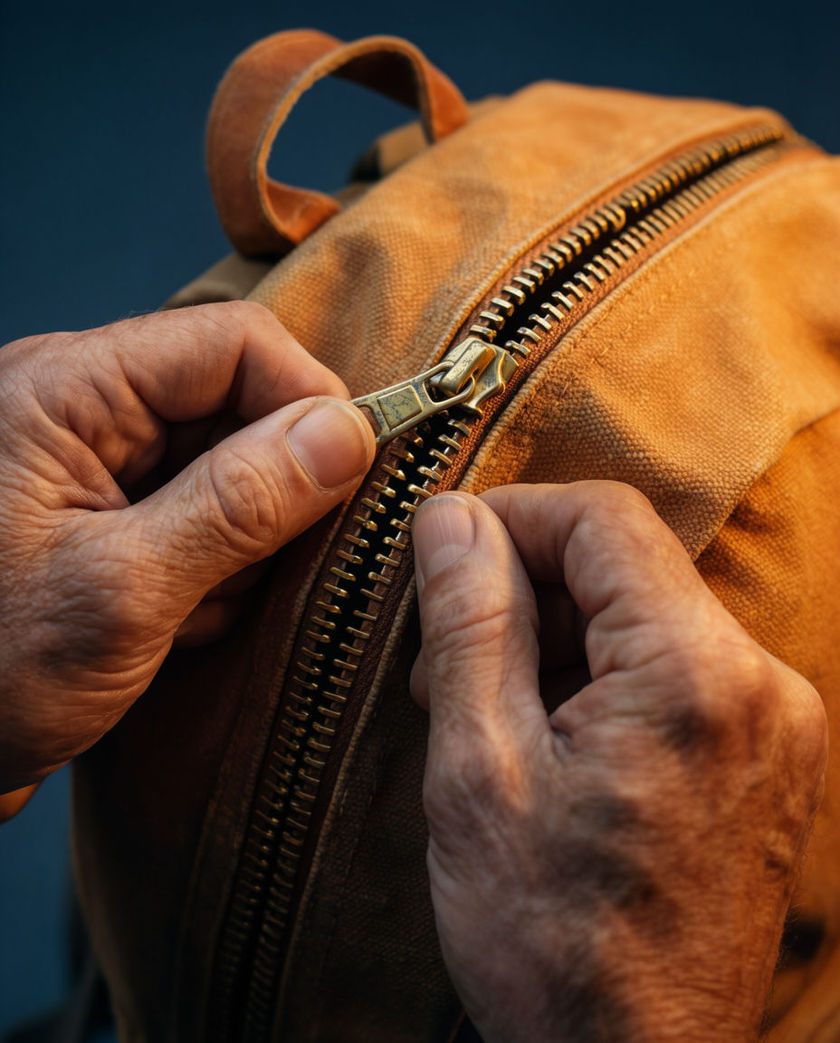 A worn canvas backpack on a dark surface under a single warm side light, a hand mid-pull on the front zipper